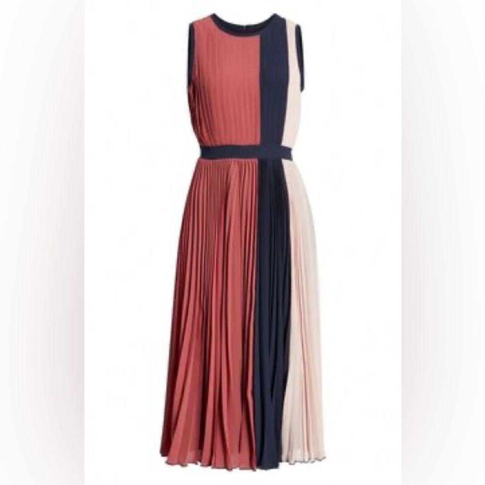 Alfani Women's Petite Colorblocked Pleated Midi Dress Malbec Size 8